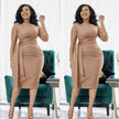 Waist-tie pleated midi dress, tan slim fit with waist tie pleat at side