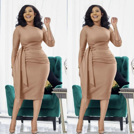 Waist-tie slim fit midi dress, tan with pleated side drape