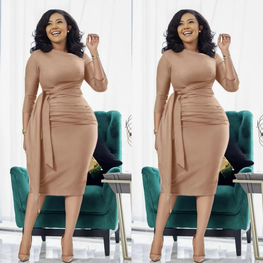 Waist-tie pleated midi dress, tan slim fit with waist tie pleat at side
