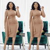 Waist-tie pleated midi dress, tan slim fit with waist tie pleat at side