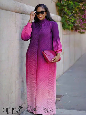 Pleated maxi dress with gradient pattern, long puff sleeves, V-neck