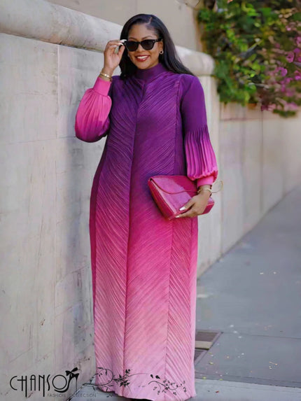 Pleated maxi dress with gradient pattern, long puff sleeves, V-neck