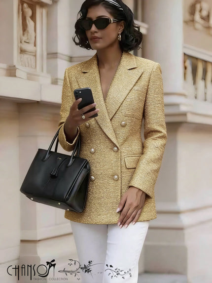 Gold textured double-breasted blazer with notched lapels and gold button detail