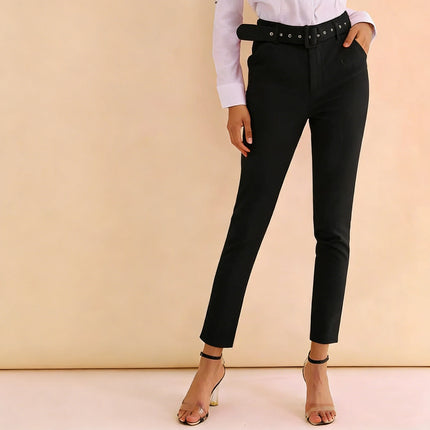 High Waist Pants  Grommet Belt Work Wear
