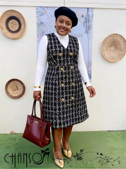 Plaid double-breasted midi dress with white collar and gold buttons