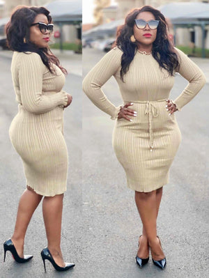 Cream ribbed knit midi dress, long sleeves, crew neck, drawstring waist
