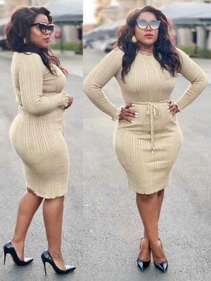 Cream ribbed knit midi dress, long sleeves, crew neck, drawstring waist