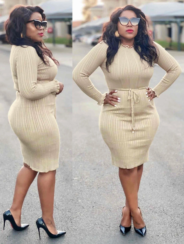 Cream ribbed knit midi dress with drawstring waist, long sleeves
