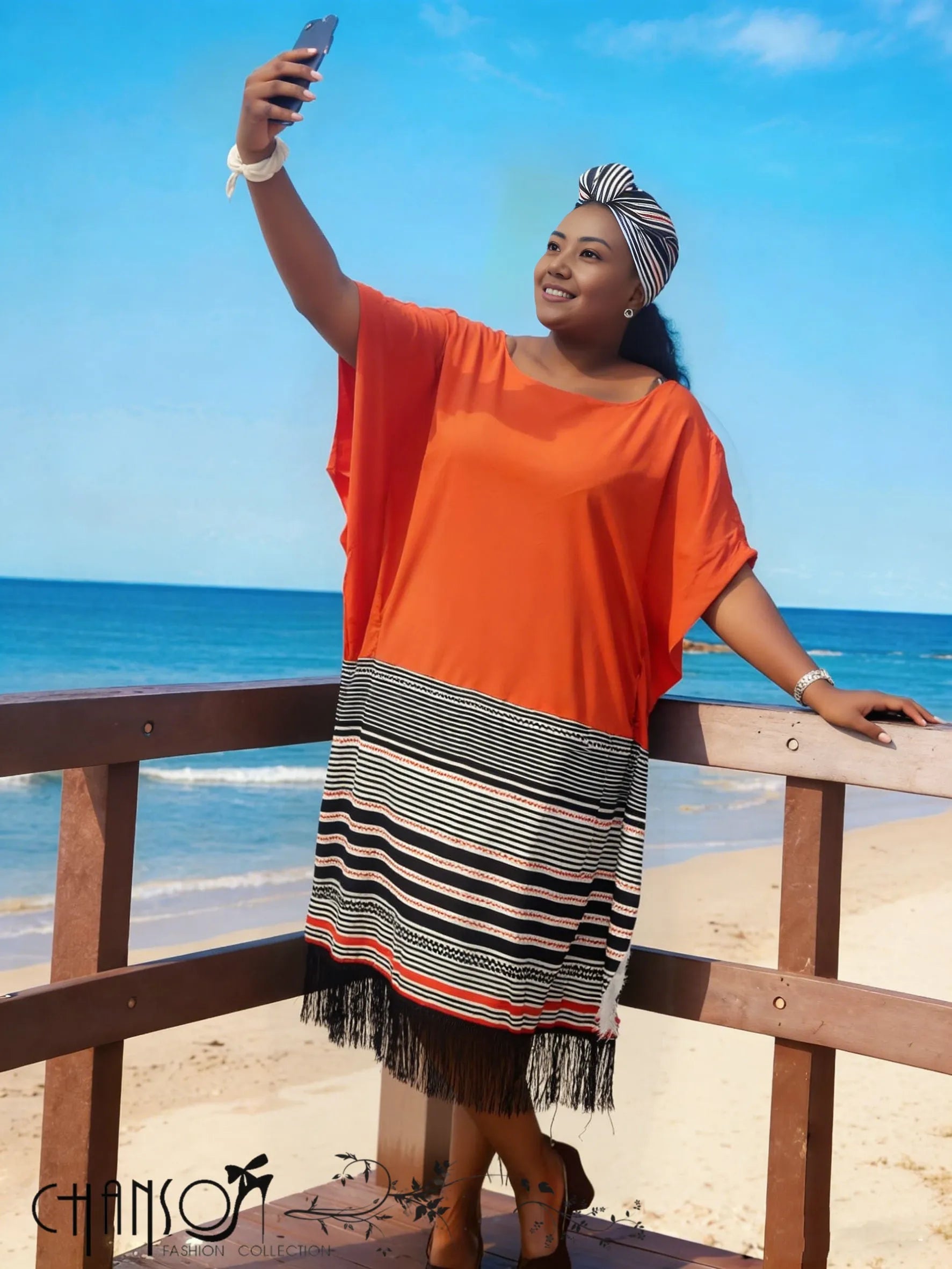 Fringe Midi Dress  Wide Sleeve Stripe Skirt