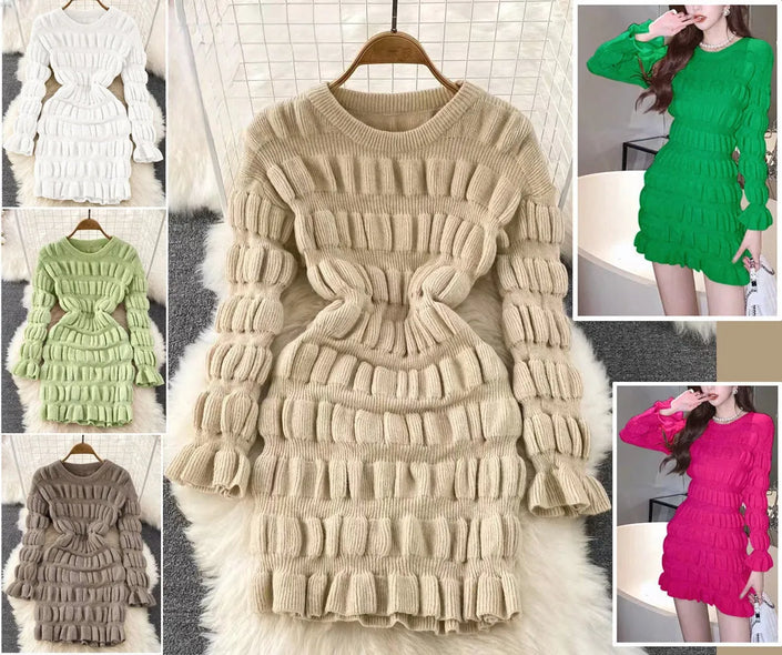 Beige ribbed knit dress with long sleeves, round neck, tiered waist/ruffle hem