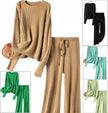 Tan knit sweater and drawstring waist pants twin set, ribbed cuffs and hem