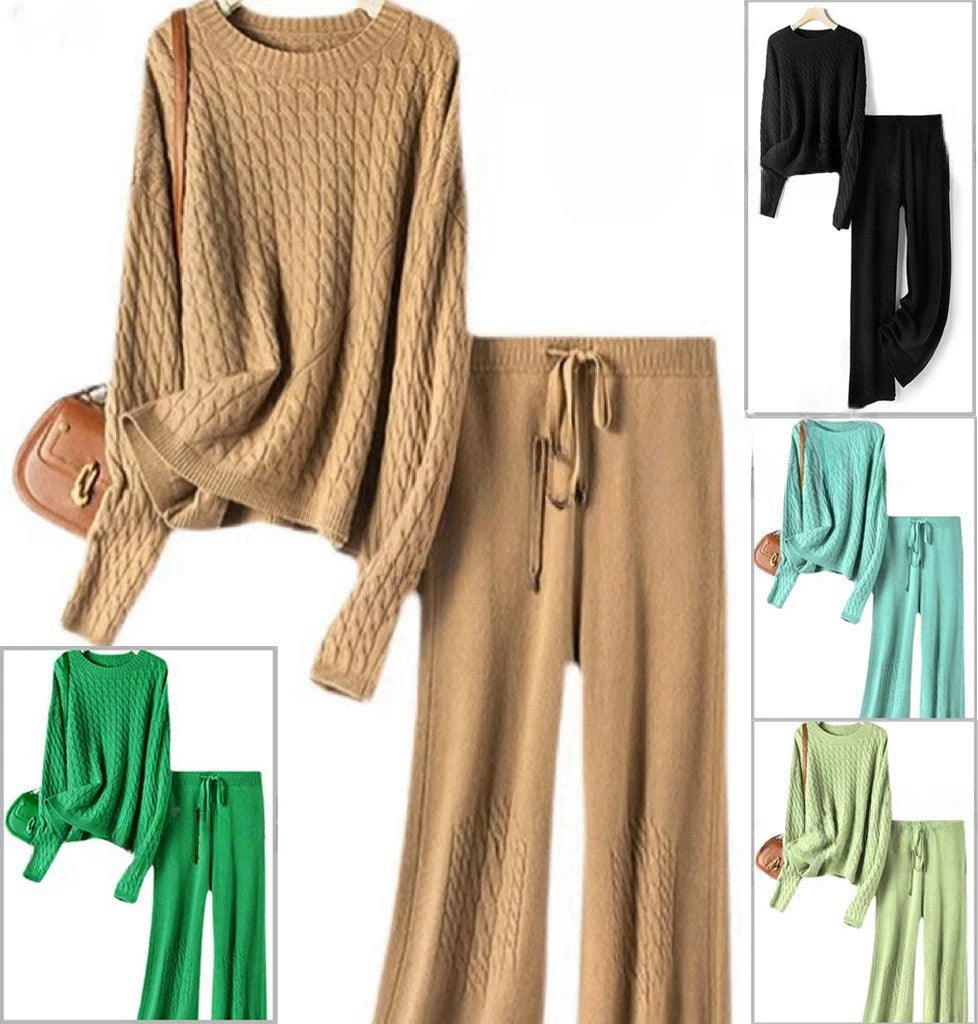 Tan knit sweater and drawstring waist pants twin set, ribbed cuffs and hem