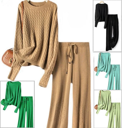 Tan knit sweater and drawstring waist pants twin set, ribbed cuffs and hem