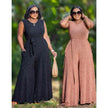 Black and light-pink sleeveless wide-leg jumpsuit with adjustable stretch waist tie