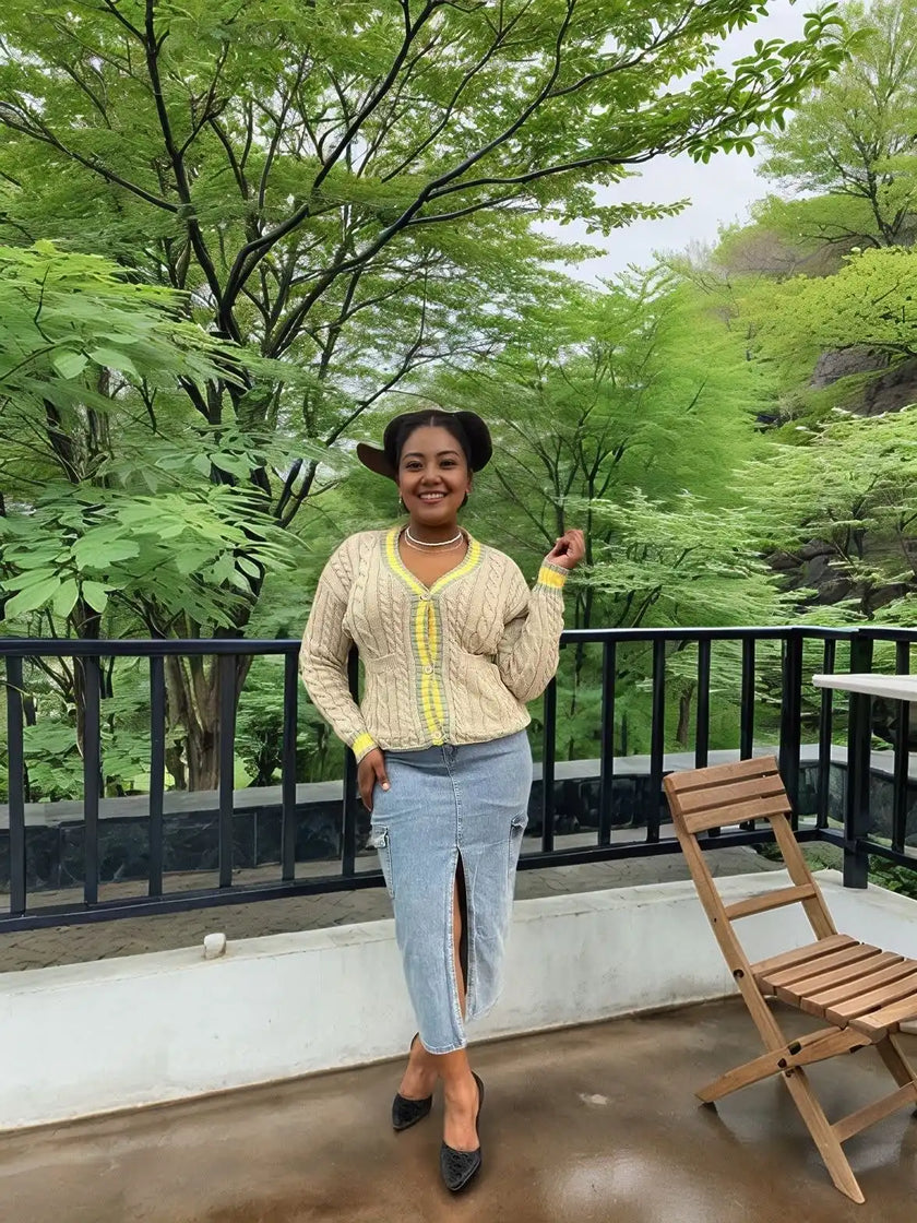 Knit cardigan, cream knit with yellow trim and striped neckline