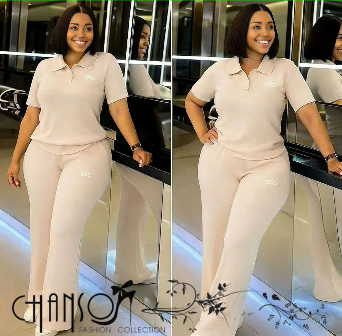 Beige knit polo top and matching slim pants set, short sleeves, button placket