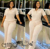 Beige knit polo top and matching slim pants set, short sleeves, button placket