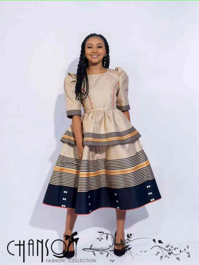 Cream striped midi dress with puff sleeves, gathered waist, tiered flared skirt