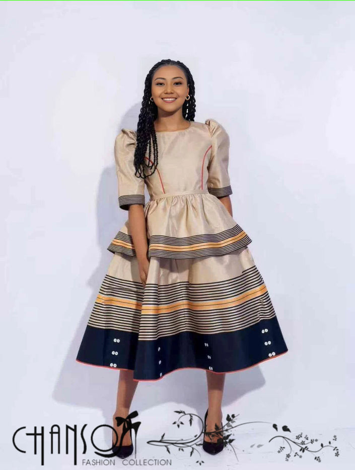 Cream striped midi dress with puff sleeves, gathered waist, tiered flared skirt