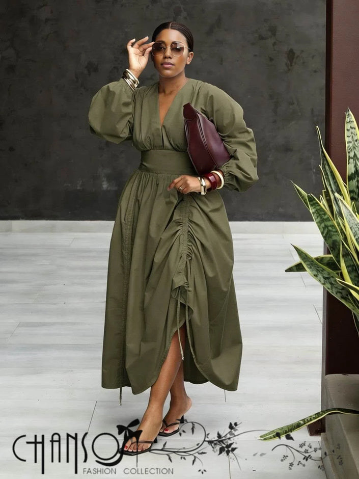 Olive green deep V puff-sleeve formal dress with gathered waist and draped front