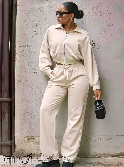 Nude cropped zip jacket and drawstring pants set, elastic waist and cuffs