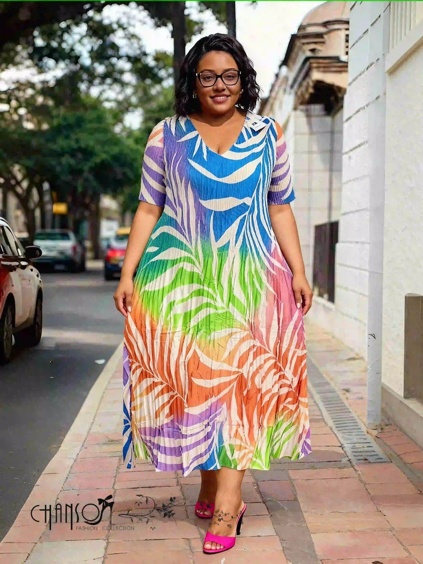 Plus size pleated midi dress with leaf print, V-neck and short sleeves, multicolor