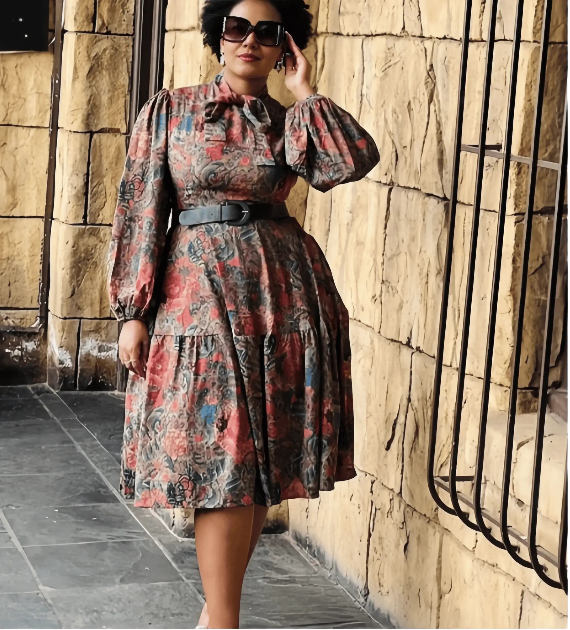 Puff Sleeve Midi Dress  Abstract Print Chic