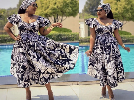 Floral midi dress with ruffle puff sleeves, navy and white leaf pattern