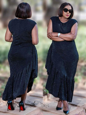 Navy glitter sleeveless asymmetrical midi dress with draped back and layered hem