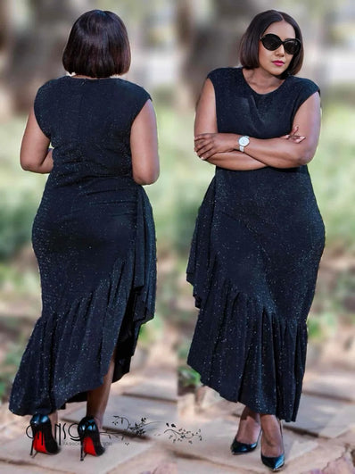Navy glitter sleeveless asymmetrical midi dress with draped back and layered hem