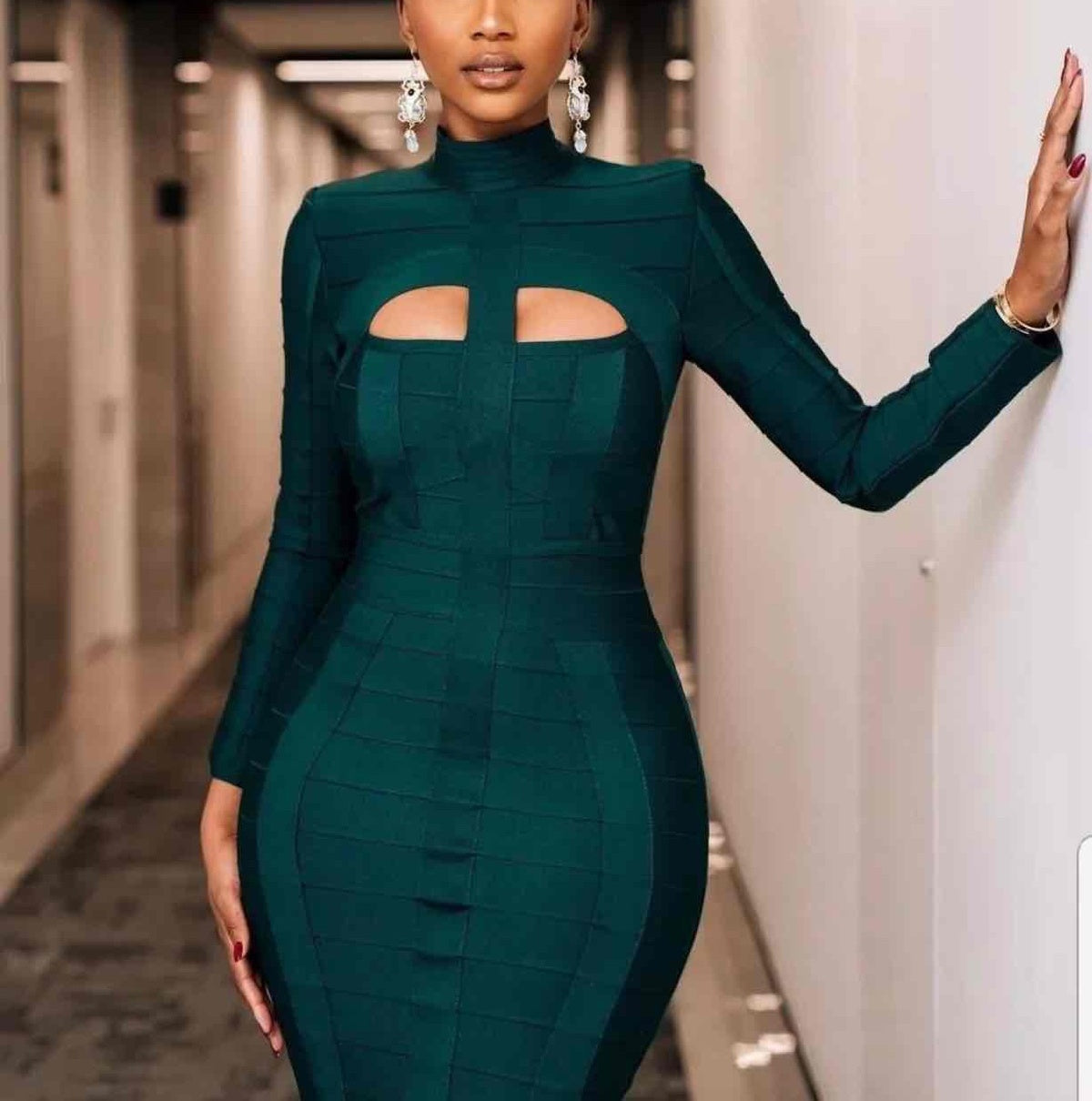 Dark-green bodycon midi dress with long sleeves and chest cut-out neckline