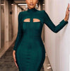 Dark-green bodycon midi dress with long sleeves and chest cut-out opening