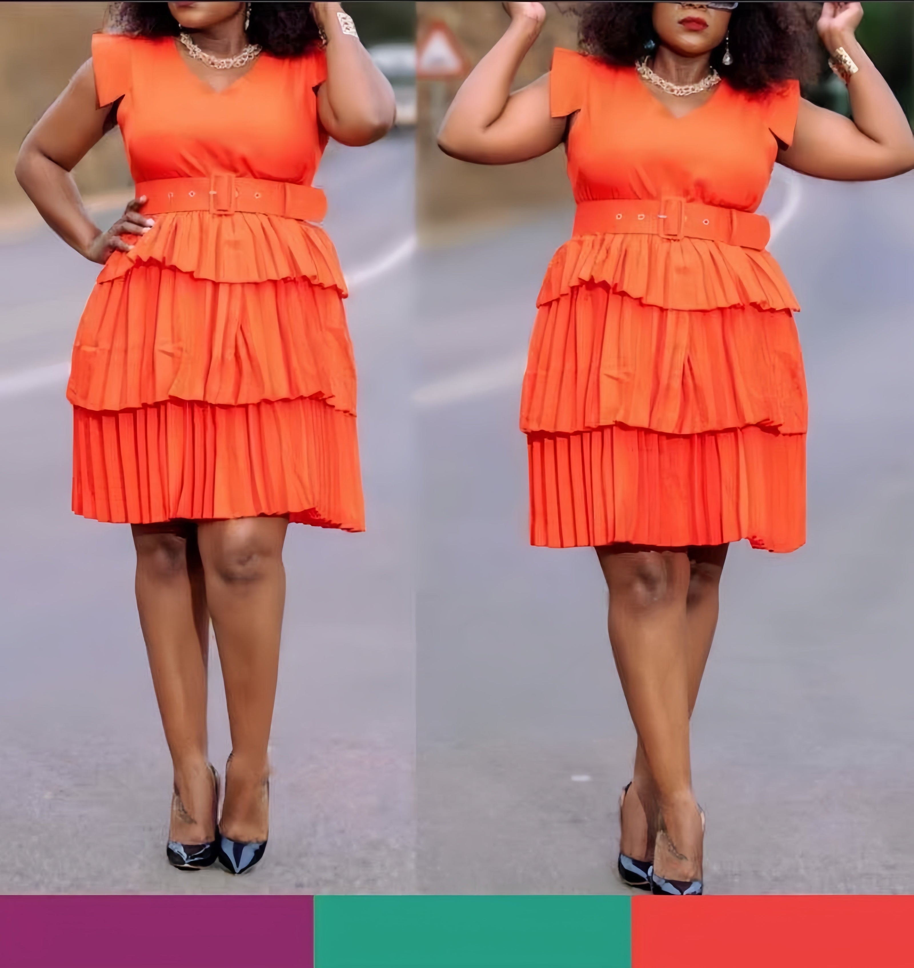 Orange-red sleeveless mini dress with V-neck, belted waist, and pleated ruffle tiers