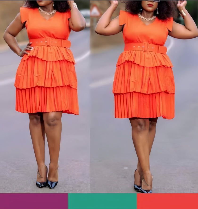 Orange-red sleeveless mini dress with V-neck, belted waist, and pleated ruffle tiers