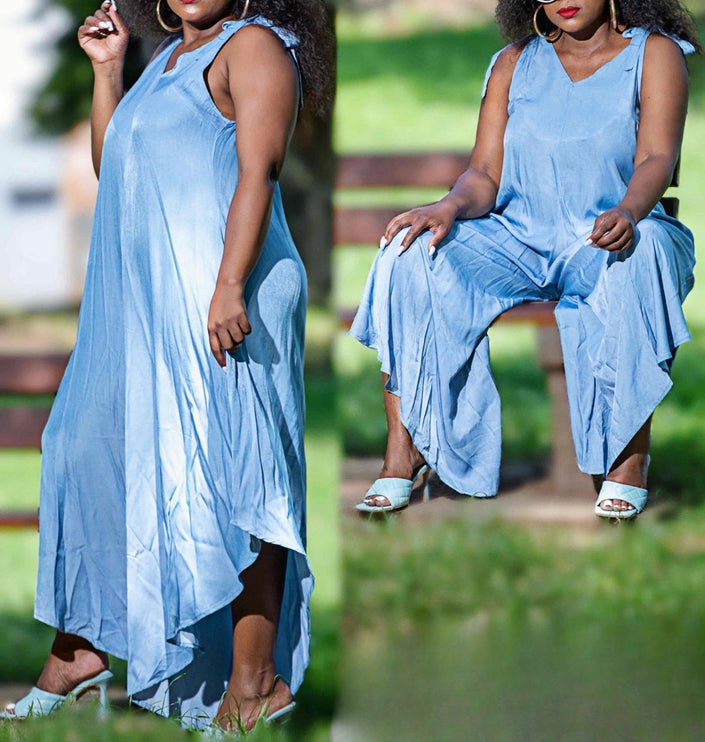Blue sleeveless V-neck jumpsuit, asym hem, wide-leg pants