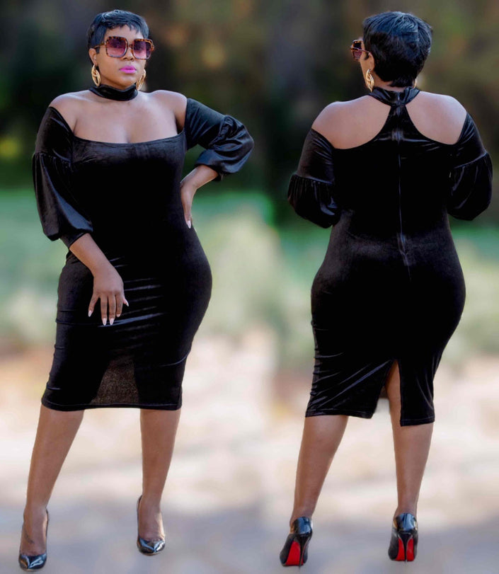 Black off-shoulder puff-sleeve bodycon dress, fitted midi length