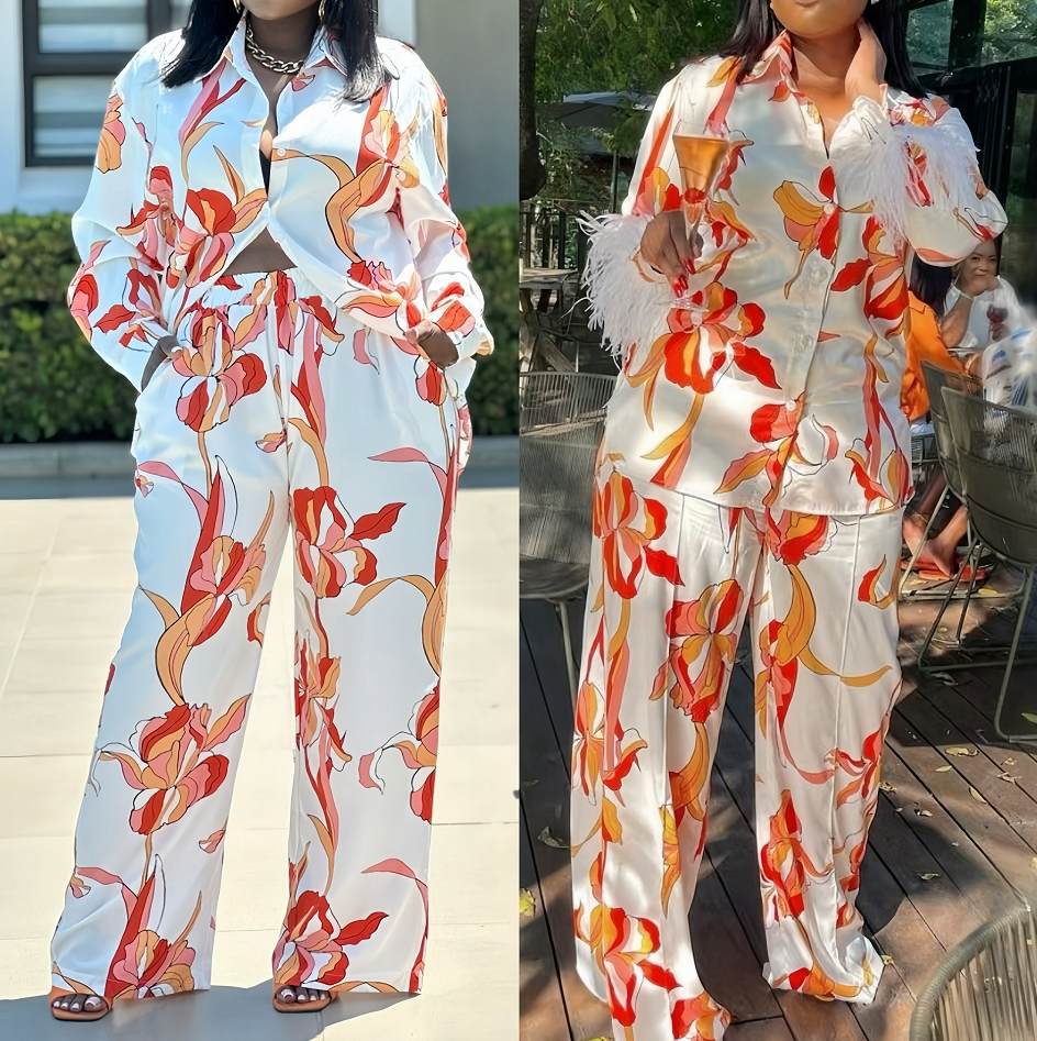 Floral twin set lounge set with long-sleeve top and wide-leg pants, white base