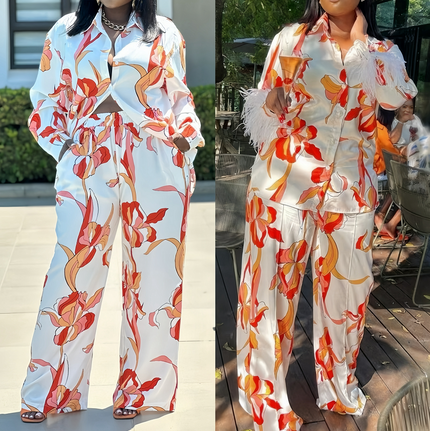 Floral twin set lounge set with long-sleeve top and wide-leg pants, white base