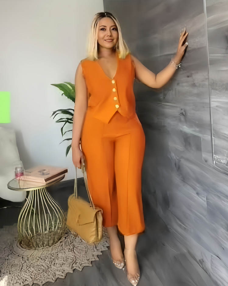 Orange V-neck top and cropped trousers suit with button-front detail