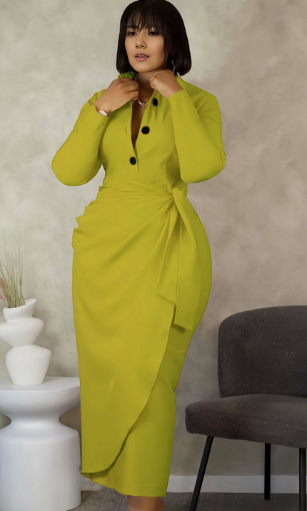 Slim fit shirt dress in green-yellow, long sleeves, button front, tied waist.