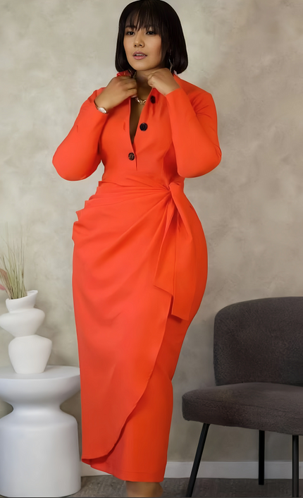 Slim fit shirt dress in orange-red, long sleeves, button front, tied waist.