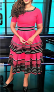 Striped flared midi dress with pink bodice and black-and-white tiered skirt