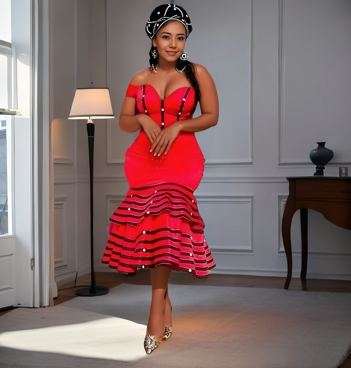 Off-Shoulder Tiered Skirt Traditional Dress