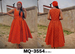 Orange sleeveless hooded dress with allover pattern, flared midi skirt
