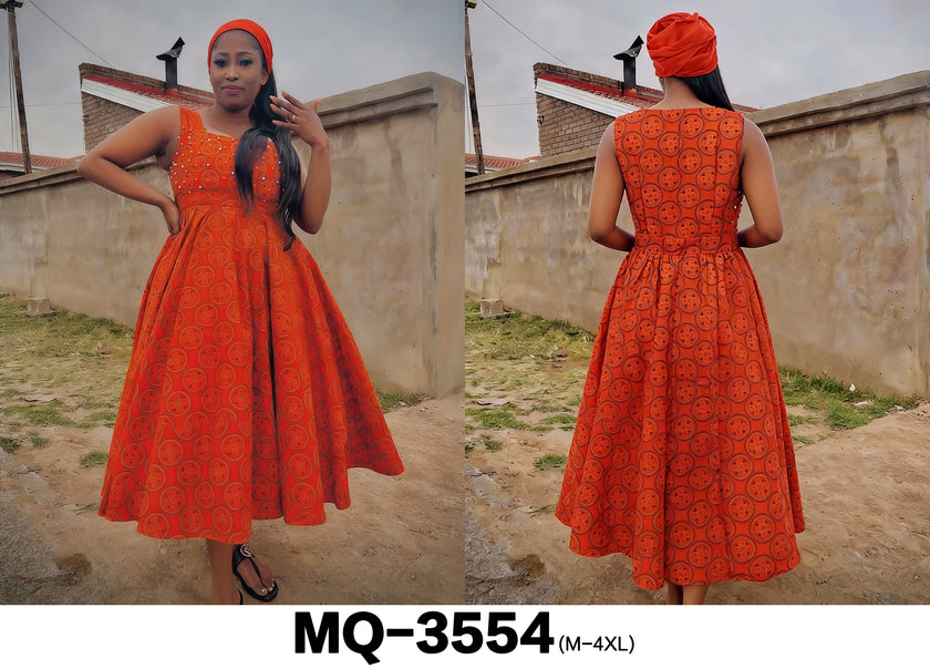Orange sleeveless hooded dress with allover pattern, flared midi skirt