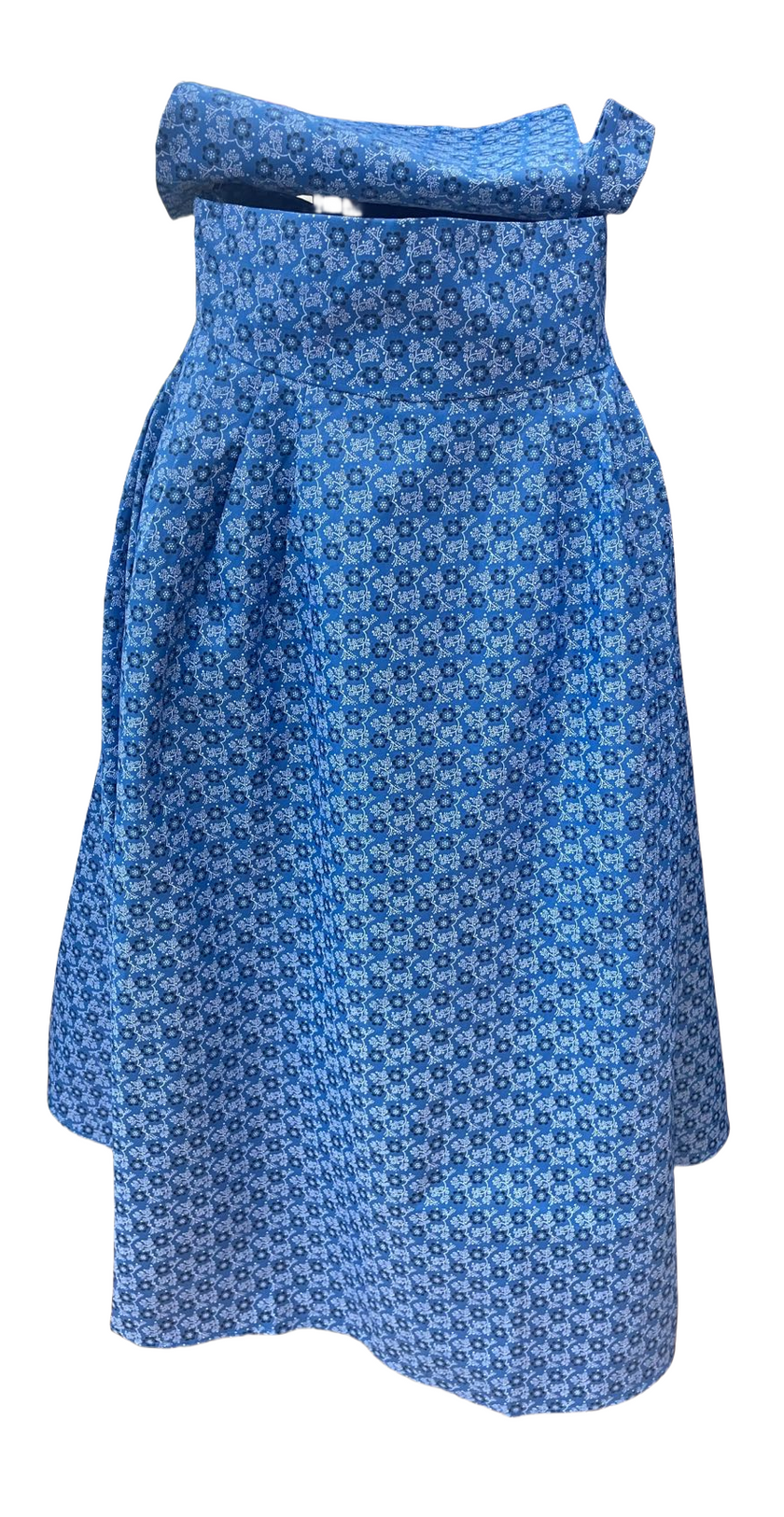 Printed A-line skirt with stretch waist, blue patterned fabric
