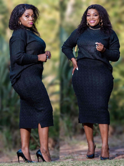 Textured knit midi skirt, black, fitted pencil silhouette