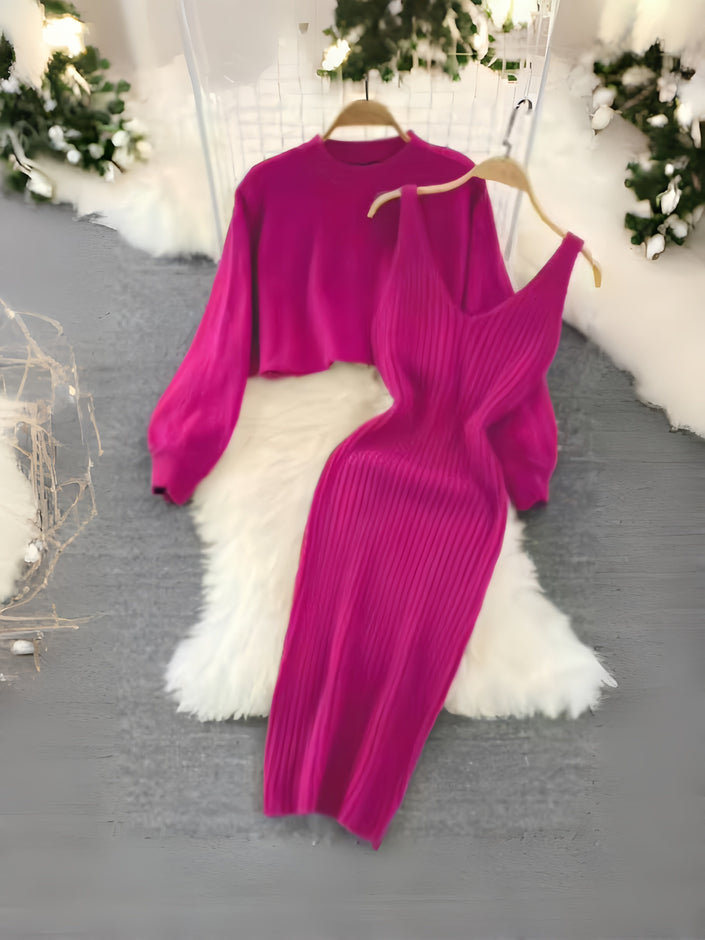 Hot-Pink knit twin set: puff-sleeve top with ribbed midi dress, laid flat