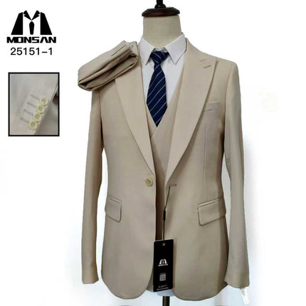 Khaki slim-fit 3-piece suit jacket with matching vest, notch lapels, flap pockets.