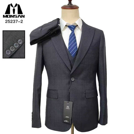 Slim-fit suit jacket, peak lapels, dark charcoal, button front and pockets